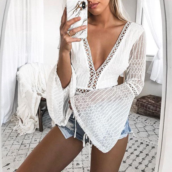 Women's Long Sleeve Lace Up Front Plunging Deep V Neck Tee