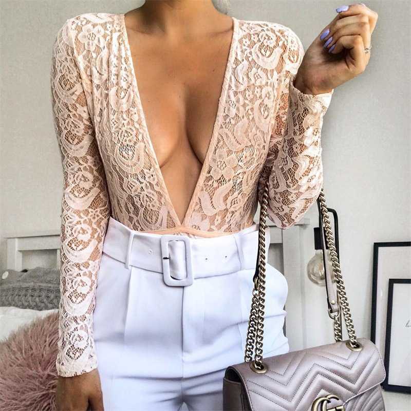 Sexy Lace Deep-V Neck Bodysuits Or Leather Skirt