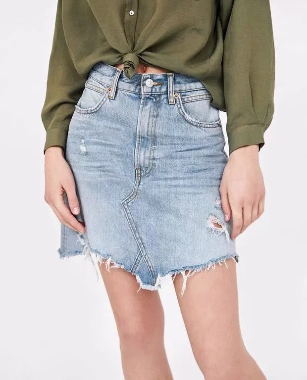 Vintage Washed Distressed Notched Light Denim Mini Skirt